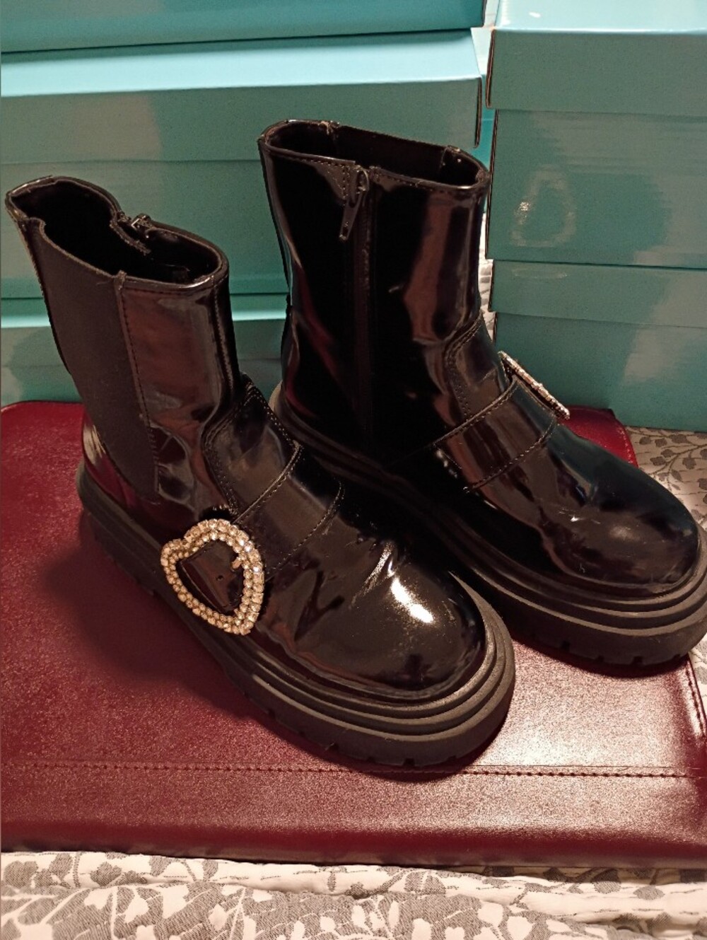 ZARA Patent Crystal Heart Buckle Chunky Boots | Black | NEW Open Box | Size 34